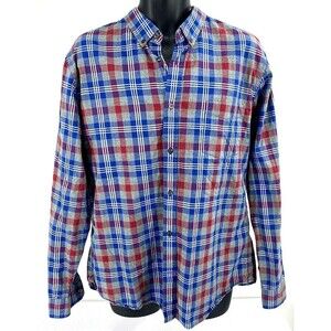 VINCE Mens Button Front Shirt Blue Red Plaid Cotton Long Sleeve SZ XL
